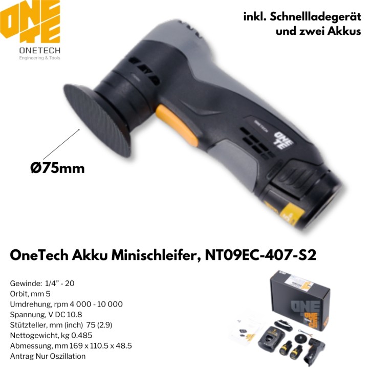 OneTech Akku Mini-Exzenterschleifer NT09EC-407-PS, Ø75mm, 5mm Hub